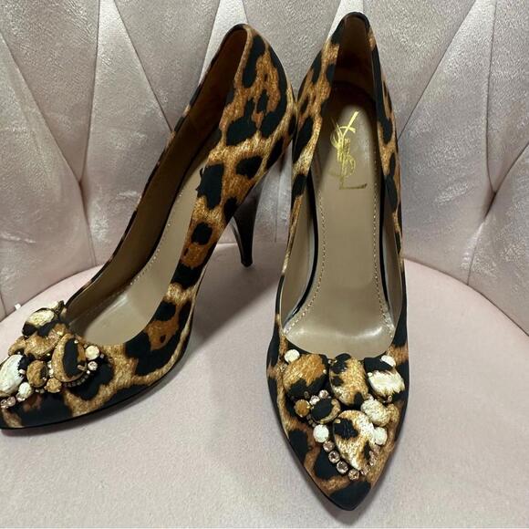 YSL Yves Saint Laurent Pumps Fabric Patent Heels Black Leopard - Picture 3 of 8
